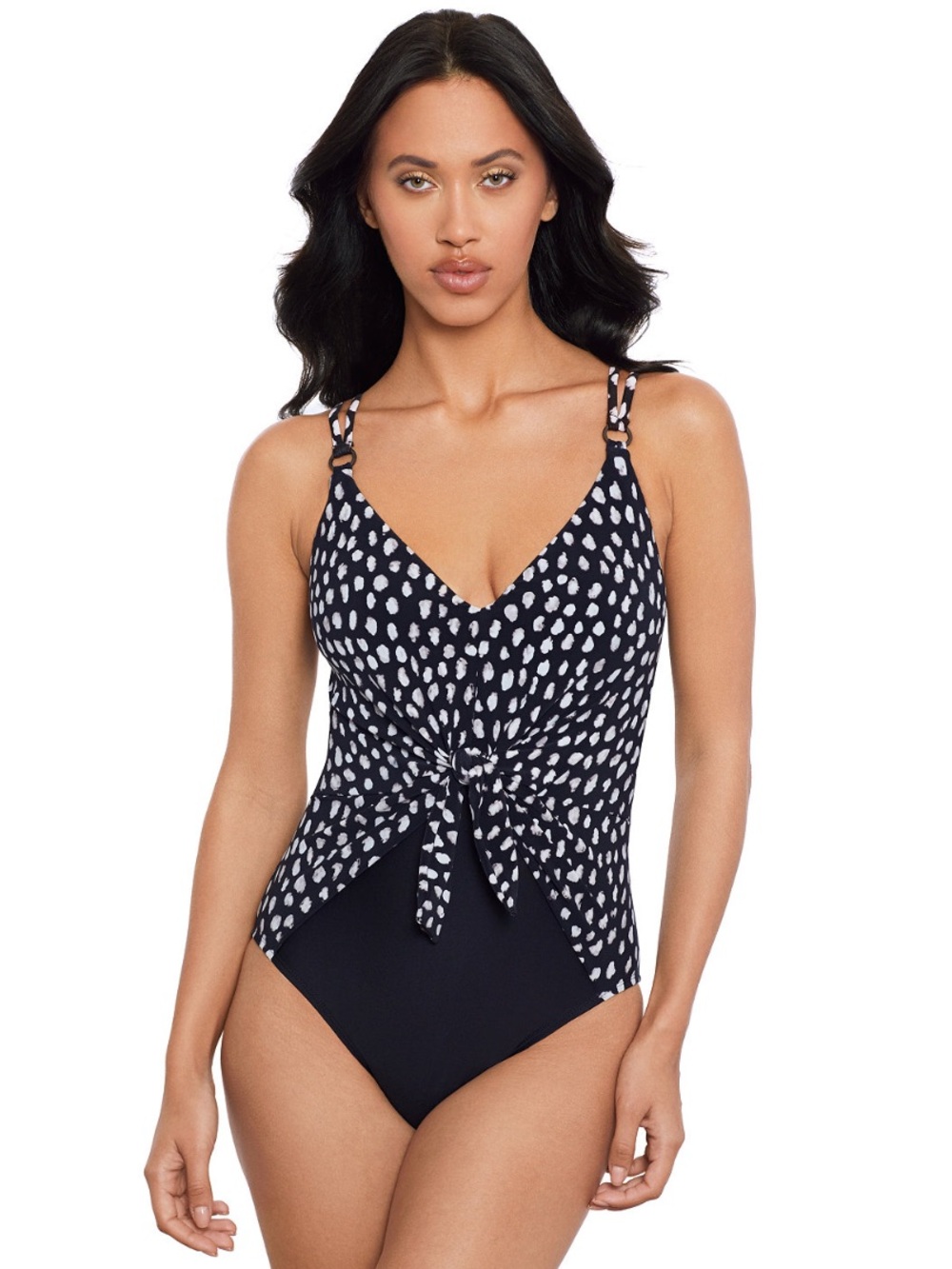 Womens Black & White Tie-Front One-Piece Swimsuit